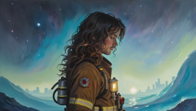 1girl,solo,long hair,brown hair,black hair,jacket,upper body,sky,dark skin,uniform,from side,lips,profile,night,wavy hair,star (sky),night sky,starry sky,science fiction,brown jacket,mountain,realistic,animification,sunrise,1boy,male focus,outdoors,water,facial hair,ocean