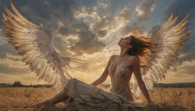 1girl,solo,long hair,breasts,brown hair,black hair,dress,cleavage,bare shoulders,jewelry,medium breasts,sitting,collarbone,closed eyes,earrings,outdoors,wings,sky,barefoot,cloud,dark skin,white dress,dark-skinned female,lips,arm support,cloudy sky,grass,looking up,scenery,feathered wings,sunset,angel wings,hoop earrings,white wings,angel,spaghetti strap,field,on ground,bare arms,floating hair,wind