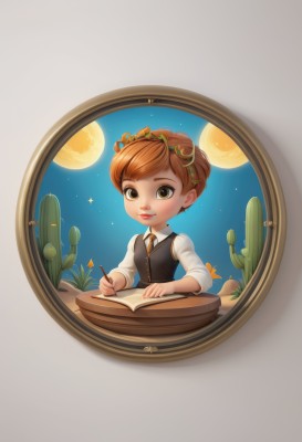 1girl,solo,looking at viewer,smile,short hair,bangs,brown hair,shirt,long sleeves,holding,brown eyes,closed mouth,white shirt,upper body,necktie,sky,collared shirt,vest,lips,book,window,night,moon,plant,star (sky),night sky,full moon,starry sky,black vest,open book,pen,pencil,writing,wheat,1boy,male focus,artist name,sparkle,leaf,freckles,bamboo