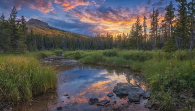 outdoors,sky,day,cloud,water,tree,blue sky,no humans,sunlight,cloudy sky,grass,plant,nature,scenery,forest,reflection,sunset,rock,mountain,river,evening,landscape,pond,stream,signature,building,twilight,lake,reflective water