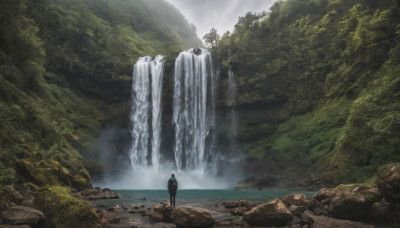 solo, 1boy, standing, outdoors, water, from behind, tree, backpack, nature, scenery, forest, rock, waterfall, landscape, ambiguous gender, cliff