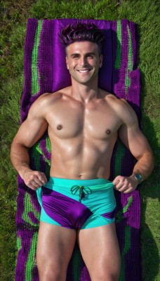 solo,looking at viewer,smile,short hair,black hair,1boy,navel,brown eyes,nipples,collarbone,purple hair,male focus,thighs,outdoors,lying,shorts,teeth,shiny,on back,grin,lips,shiny skin,muscular,feet out of frame,from above,clothes pull,abs,grass,pectorals,muscular male,towel,bulge,topless male,watch,realistic,wristwatch,male swimwear,swim trunks,swim briefs,closed eyes,artist name,bara,large pectorals