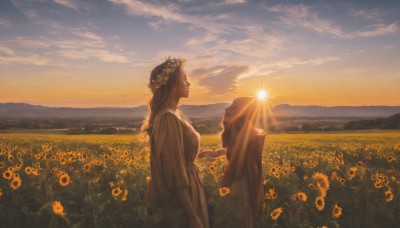 1girl,solo,long hair,dress,standing,closed eyes,braid,flower,outdoors,sky,cloud,white dress,from side,profile,sunlight,cloudy sky,looking up,veil,scenery,sunset,mountain,yellow flower,sun,sunflower,head wreath,field,flower field,mountainous horizon,brown hair