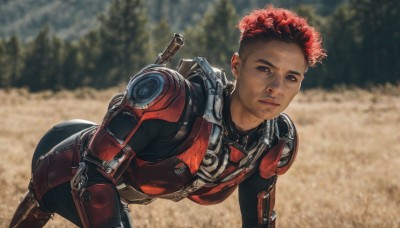 1girl,solo,looking at viewer,short hair,1boy,brown eyes,weapon,ass,male focus,red hair,outdoors,dark skin,armor,blurry,black eyes,dark-skinned female,tree,lips,bodysuit,leaning forward,blurry background,dark-skinned male,science fiction,realistic,afro,brown hair,black hair,closed mouth,animification,undercut