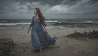 1girl,solo,long hair,open mouth,brown hair,dress,outdoors,sky,barefoot,cloud,water,torn clothes,blue dress,ocean,beach,cloudy sky,walking,sand,dirty,torn dress,grey sky,fine art parody,dirty feet,standing,scenery,realistic,horizon,waves,shore