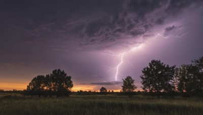 outdoors,sky,cloud,tree,no humans,cloudy sky,grass,nature,scenery,forest,sunset,electricity,twilight,evening,lightning,gradient sky,purple sky,mountain,field,landscape