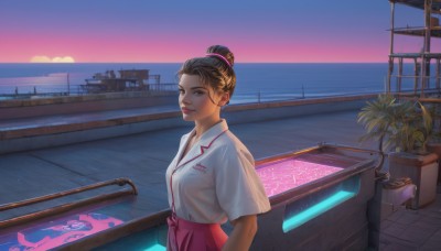 1girl,solo,breasts,looking at viewer,short hair,skirt,brown hair,shirt,black hair,brown eyes,closed mouth,white shirt,upper body,short sleeves,outdoors,sky,collared shirt,cloud,water,hair bun,lips,ocean,single hair bun,plant,scenery,pink skirt,sunset,palm tree,railing,horizon,potted plant,watercraft,boat,hair ornament,jewelry,earrings,parted lips,uniform,realistic,nose,neon lights