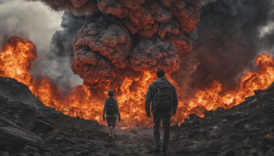 black hair, standing, male focus, boots, multiple boys, sky, shorts, 2boys, bag, from behind, backpack, fire, smoke, burning, destruction