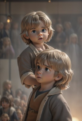 1girl,looking at viewer,short hair,open mouth,blue eyes,multiple girls,blonde hair,shirt,1boy,jacket,upper body,parted lips,multiple boys,teeth,indoors,blurry,lips,depth of field,blurry background,child,carrying,realistic,female child,male child,crowd,brown hair,siblings,6+girls,brother and sister