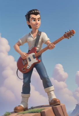 solo,smile,shirt,black hair,1boy,full body,white shirt,short sleeves,male focus,boots,outdoors,sky,shoes,day,socks,pants,cloud,black eyes,blue sky,grass,denim,instrument,jeans,music,guitar,playing instrument,standing