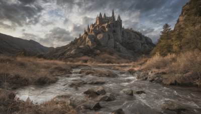 outdoors,sky,day,cloud,water,tree,no humans,cloudy sky,grass,nature,scenery,forest,rock,mountain,fantasy,river,castle,landscape,cliff,blue sky,mountainous horizon