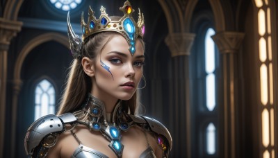 HQ,1girl,solo,long hair,breasts,looking at viewer,blue eyes,blonde hair,brown hair,upper body,parted lips,artist name,indoors,armor,blurry,lips,window,makeup,blurry background,facial mark,tiara,crown,shoulder armor,gem,portrait,realistic,nose,forehead jewel,jewelry,earrings,shoulder pads