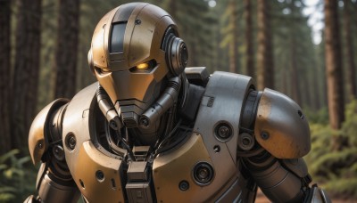 solo,1boy,yellow eyes,upper body,male focus,outdoors,blurry,tree,orange eyes,no humans,blurry background,glowing,robot,nature,mecha,glowing eyes,forest,science fiction,realistic,looking ahead,humanoid robot,armor,helmet,portrait,cable,power armor