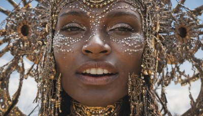 1girl,solo,long hair,looking at viewer,smile,open mouth,black hair,brown eyes,jewelry,earrings,parted lips,sky,teeth,day,dark skin,grin,black eyes,dark-skinned female,blue sky,lips,eyelashes,half-closed eyes,portrait,close-up,realistic,gold,1boy,hat,male focus,gears,gold chain