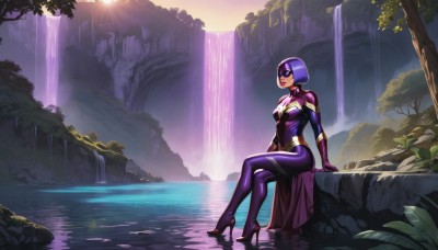 1girl,solo,breasts,smile,short hair,bangs,gloves,cleavage,medium breasts,sitting,purple eyes,full body,purple hair,outdoors,water,high heels,tree,lips,clothing cutout,bodysuit,makeup,mask,cleavage cutout,sunlight,bob cut,crossed legs,lipstick,nature,scenery,purple gloves,superhero,waterfall,purple bodysuit,small breasts,shoes,alternate costume,cape,from side,arm support,leaf,adapted costume,skin tight,rock,nose,domino mask,stiletto heels