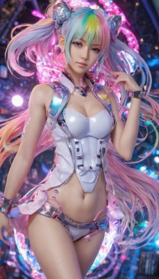 1girl,solo,long hair,breasts,looking at viewer,bangs,hair ornament,navel,cleavage,hair between eyes,bare shoulders,twintails,jewelry,medium breasts,very long hair,underwear,blue hair,standing,purple eyes,panties,pink hair,multicolored hair,cowboy shot,earrings,parted lips,green hair,shorts,sleeveless,midriff,belt,hand up,pink eyes,necklace,stomach,hair bun,blurry,bracelet,two-tone hair,lips,crop top,short shorts,double bun,gradient hair,floating hair,blurry background,wristband,realistic,rainbow hair,blue eyes,blonde hair,aqua hair,watermark