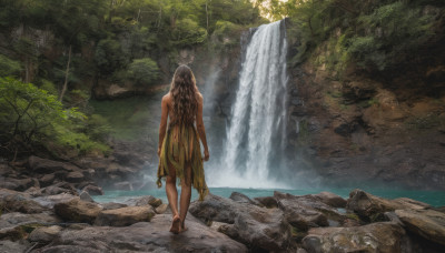 1girl, solo, long hair, brown hair, outdoors, barefoot, dark skin, water, from behind, dark-skinned female, tree, torn clothes, nature, scenery, forest, rock, waterfall, tribal, dirty feet