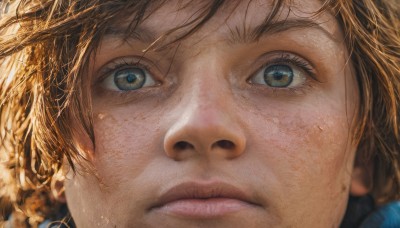 1girl,solo,looking at viewer,bangs,blue eyes,blonde hair,brown hair,brown eyes,closed mouth,parted lips,lips,eyelashes,portrait,close-up,freckles,realistic,nose,eye focus