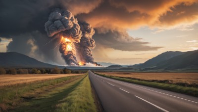 outdoors,sky,cloud,no humans,cloudy sky,grass,fire,scenery,smoke,sunset,mountain,road,explosion,landscape,mountainous horizon,hill,burning,molten rock,nature,field