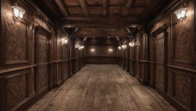 monochrome,indoors,no humans,window,scenery,wooden floor,stairs,door,light,lamp,architecture,ceiling,hallway,brown theme,ceiling light,chandelier,lantern