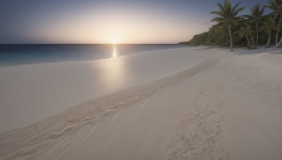 outdoors,sky,cloud,water,tree,no humans,ocean,beach,scenery,sunset,sand,palm tree,sun,horizon,waves,shore