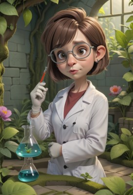 1girl,solo,looking at viewer,short hair,bangs,brown hair,shirt,gloves,long sleeves,holding,brown eyes,jewelry,upper body,flower,earrings,parted lips,glasses,artist name,indoors,white gloves,lips,coat,window,buttons,leaf,thick eyebrows,plant,red shirt,pink flower,round eyewear,labcoat,white coat,stud earrings,brick wall,test tube,vial,watermark,nose,flask