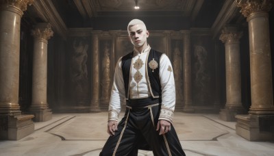 solo,looking at viewer,shirt,long sleeves,1boy,brown eyes,jewelry,closed mouth,standing,white shirt,male focus,cowboy shot,pants,indoors,vest,lips,black pants,ring,black nails,realistic,arms at sides,bald,pillar,statue,column,short hair,holding,tattoo,robe,light,very short hair,priest