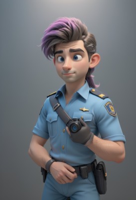 solo,looking at viewer,smile,blue eyes,simple background,brown hair,shirt,gloves,1boy,holding,closed mouth,standing,ponytail,purple hair,short sleeves,male focus,multicolored hair,cowboy shot,black gloves,collared shirt,belt,pants,artist name,grey background,uniform,two-tone hair,gradient,gradient background,thick eyebrows,blue shirt,pocket,watch,black belt,pouch,camera,blue pants,wristwatch,breast pocket,police,police uniform,arm hair,walkie-talkie,long hair,hair ornament,hairclip,watermark,aged down,web address,single glove,male child,badge