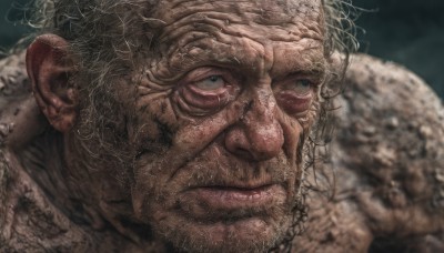 solo,blue eyes,1boy,closed mouth,male focus,blurry,lips,blurry background,chain,portrait,close-up,realistic,old,looking at viewer,green eyes,facial hair,scar,beard,veins,wrinkled skin