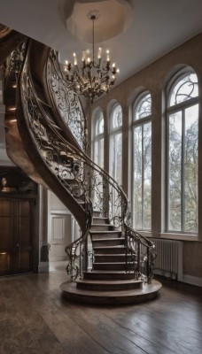 day,indoors,no humans,window,table,sunlight,scenery,wooden floor,stairs,door,lamp,candle,architecture,carpet,church,candlestand,chandelier,tree,plant,railing,still life,reflective floor