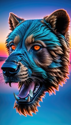 solo,looking at viewer,open mouth,full body,teeth,tongue,tongue out,orange eyes,no humans,glowing,animal,fangs,sharp teeth,glowing eyes,spikes,sunset,monster,realistic,animal focus,whiskers,tusks,sky,blue background,portrait,colored sclera,dog