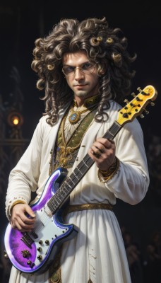 solo,long hair,looking at viewer,blue eyes,brown hair,black hair,long sleeves,1boy,holding,jewelry,closed mouth,standing,male focus,cowboy shot,glasses,dark skin,necklace,blurry,lips,blurry background,facial hair,sunglasses,dark-skinned male,ring,black background,gem,instrument,beard,curly hair,gold trim,robe,realistic,round eyewear,mustache,music,goatee,guitar,playing instrument,holding instrument,electric guitar,white robe,dreadlocks,afro,yellow-framed eyewear,hair ornament,dress,white dress,bracelet,watermark,multiple rings