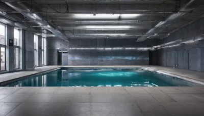 indoors,water,no humans,window,sunlight,scenery,reflection,door,tiles,pool,tile floor,locker,ceiling,hallway,ceiling light,railing,train station