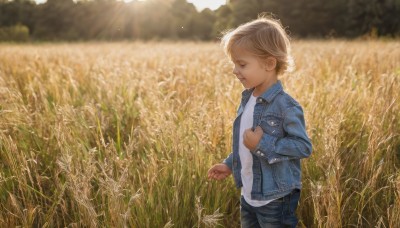 solo,short hair,blonde hair,brown hair,shirt,long sleeves,1boy,standing,jacket,closed eyes,white shirt,male focus,cowboy shot,outdoors,open clothes,day,pants,blurry,open jacket,profile,depth of field,sunlight,grass,denim,blue jacket,child,nature,scenery,jeans,realistic,male child,field,denim jacket,1girl,closed mouth,from side,lips,blurry background