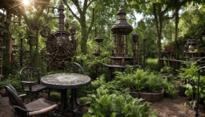 outdoors,day,tree,no humans,chair,table,sunlight,grass,plant,nature,scenery,forest,light rays,clock,road,gears,path,lamp,bench,bush,lamppost,ladder,overgrown,wooden chair