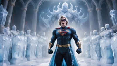 1girl,breasts,short hair,open mouth,blue eyes,blonde hair,gloves,male focus,teeth,solo focus,belt,cape,armor,bodysuit,mask,muscular,glowing,muscular male,clenched hands,red cape,pillar,superhero,statue,blue bodysuit,domino mask,solo,looking at viewer,1boy,closed mouth,standing,multiple boys,black gloves,makeup,lipstick,skin tight,6+boys,red lips,cover image