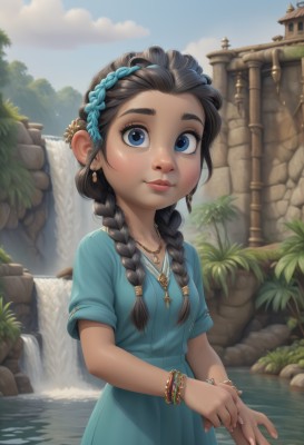 1girl,solo,long hair,looking at viewer,smile,blue eyes,black hair,hair ornament,dress,jewelry,closed mouth,standing,upper body,braid,short sleeves,earrings,small breasts,outdoors,sky,day,artist name,cloud,dark skin,water,necklace,twin braids,bracelet,tree,blue sky,lips,fingernails,eyelashes,blue dress,watermark,thick eyebrows,own hands together,plant,child,hair over shoulder,web address,wading,pendant,freckles,nose,female child,bangle,waterfall,breasts,blush,bangs,brown hair,collarbone,aqua dress,thick lips