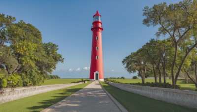 outdoors,sky,day,cloud,tree,blue sky,no humans,shadow,grass,building,nature,scenery,forest,road,bush,shade,tower,path,wall,lamppost