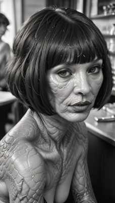 1girl,solo,breasts,looking at viewer,short hair,bangs,monochrome,upper body,greyscale,nude,small breasts,parted lips,solo focus,blunt bangs,blurry,lips,wet,tattoo,blurry background,bob cut,science fiction,realistic,nose,cyborg,medium breasts,eyelashes