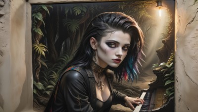 1girl,solo,long hair,breasts,looking at viewer,black hair,long sleeves,cleavage,brown eyes,jewelry,medium breasts,jacket,yellow eyes,upper body,multicolored hair,earrings,parted lips,choker,indoors,necklace,nail polish,tree,lips,black jacket,fingernails,eyelashes,tattoo,gradient hair,makeup,plant,lipstick,pale skin,eyeshadow,realistic,nose,red lips,eyeliner,mascara,closed mouth,blue hair,sunlight,instrument,black nails,music,playing instrument,holding instrument,piano