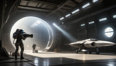 HQ,1boy,holding,standing,weapon,indoors,signature,from behind,military,window,sunlight,helmet,robot,scenery,1other,reflection,science fiction,light rays,realistic,aircraft,airplane,multiple others,ambiguous gender,spacecraft,spacesuit,astronaut,multiple boys,2boys,bag,military vehicle,jet,missile,fighter jet