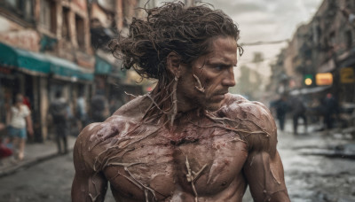 black hair, 1boy, jewelry, upper body, male focus, earrings, outdoors, multiple boys, solo focus, dark skin, blurry, looking to the side, depth of field, blurry background, facial hair, scar, dark-skinned male, ground vehicle, motor vehicle, topless male, running, realistic, road, street