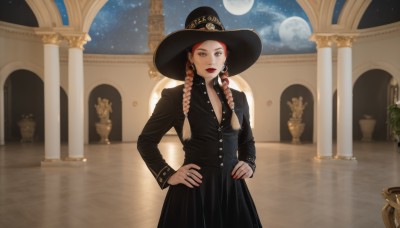 1girl,solo,long hair,breasts,looking at viewer,smile,brown hair,long sleeves,hat,dress,cleavage,brown eyes,jewelry,medium breasts,standing,braid,red hair,multicolored hair,earrings,sky,indoors,nail polish,black dress,twin braids,lips,black headwear,makeup,night,moon,plant,lipstick,star (sky),night sky,red nails,full moon,starry sky,reflection,hands on hips,hoop earrings,red lips,potted plant,pillar,arch,column,multiple braids,closed mouth,jacket,cowboy shot,mole,black jacket,buttons,ring,mole under mouth