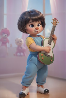 1girl,solo,smile,short hair,bangs,brown hair,shirt,black hair,holding,brown eyes,closed mouth,standing,full body,short sleeves,shoes,indoors,dark skin,blurry,black eyes,window,blurry background,shadow,stuffed toy,white footwear,suspenders,stuffed animal,curtains,sneakers,instrument,child,teddy bear,yellow shirt,music,guitar,female child,overalls,playing instrument,holding instrument,bear,blue overalls,blue eyes,dress