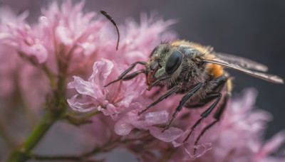 open mouth, flower, blurry, no humans, depth of field, bug, pink flower, realistic, antennae