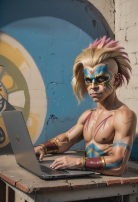 solo,looking at viewer,blonde hair,1boy,brown eyes,closed mouth,collarbone,upper body,male focus,multicolored hair,artist name,signature,tattoo,mask,muscular,topless male,realistic,bracer,computer,laptop,jewelry,nipples,earrings,watermark,nose,facepaint,wall,bodypaint,domino mask,mohawk