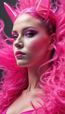 1girl,solo,long hair,breasts,looking at viewer,blue eyes,simple background,cleavage,medium breasts,upper body,pink hair,parted lips,horns,lips,eyelashes,makeup,lipstick,black background,portrait,eyeshadow,realistic,nose,eyeliner,pink theme,mascara,artist name