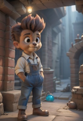 solo,smile,short hair,brown hair,shirt,1boy,brown eyes,closed mouth,standing,full body,white shirt,male focus,boots,outdoors,collared shirt,blurry,:3,blurry background,facial hair,brown footwear,thick eyebrows,spiked hair,child,furry,sleeves rolled up,hands in pockets,overalls,male child,barrel,crate,artist name,watermark,suspenders,denim,web address,lamp,brick wall,light bulb,alley,rubble