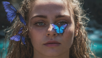 1girl, solo, long hair, looking at viewer, blonde hair, jewelry, closed mouth, earrings, mole, blurry, lips, eyelashes, depth of field, blurry background, bug, butterfly, portrait, close-up, freckles, realistic, nose, blue butterfly, mole on cheek