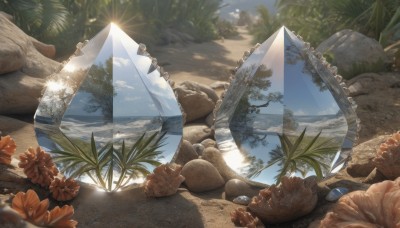 flower,outdoors,sky,day,cloud,water,tree,blue sky,no humans,beach,sunlight,cloudy sky,plant,nature,scenery,lens flare,crystal,rock,sand,palm tree,sun,shell,seashell,blurry,grass,reflection,ice,mountain,horizon,still life,desert,stone